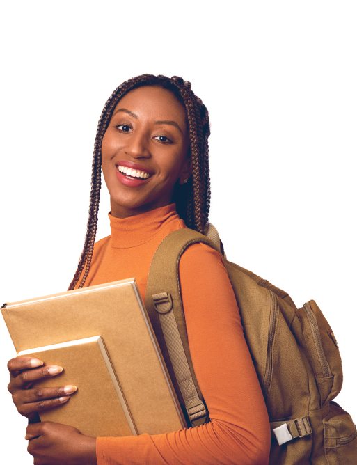 Modelo segurando uma mochila e livros embaixo do braço